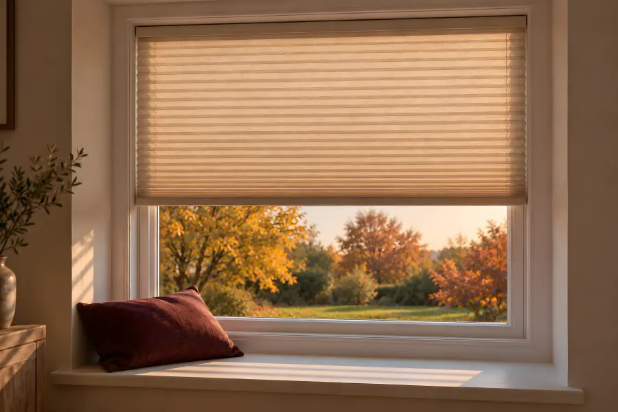 Plissee aus sandfarbenem Stoff in einem weißen Holzfenster, halb heruntergelassen, Abendlicht fällt durch die Falten auf die Fensterbank mit einem weinroten Kissen (Illustration)